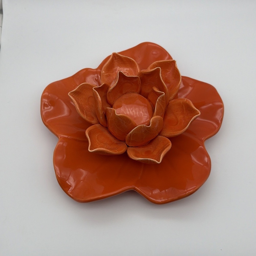 Large Ceramic Lotus Flower Candle Holder Tangerine